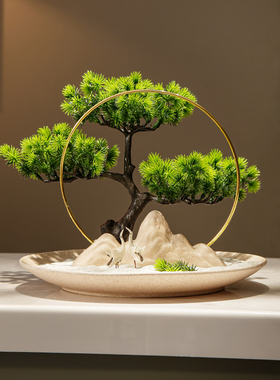 创意平安扣迎f客松摆件新中式客厅玄关茶室禅意金鹿博古架轻奢装