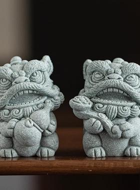 国潮吉祥物石狮子醒狮摆件一对茶宠摆件家居茶桌鱼缸景观造景装饰