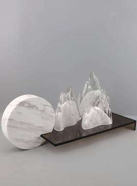 新中式样板房间客厅玄关柜酒店艺术品摆件大理石托盘假山软装饰品