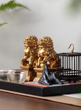 新中式狮子假山托盘组合摆件茶几样板间宋代美学茶桌书法软装搭配