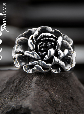 寸氏原创99足i银纯手工牡丹戒指 雪花银指环 情侣对戒个性银戒指