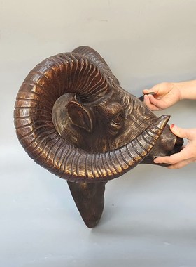 纯铜羊头摆e件黄铜领头羊铜羊首挂件长角羊兽头铸造工艺品摆件定