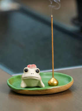 创意可爱青蛙家居摆m饰陶瓷香薰炉摆件香托香盘香座檀香插香器香