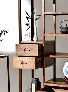 新中式黑胡桃木博古架收s纳架展示柜饰品样品收纳实木简约禅意