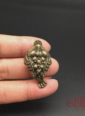 古玩铜器古董收藏仿古实心纯黄铜财I字聚宝钱串金蟾迷你小摆件