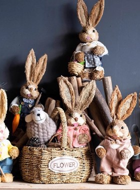 JK慕空间新年摆j件草编兔子稻草手工春节装饰花园阳台幼儿园可爱