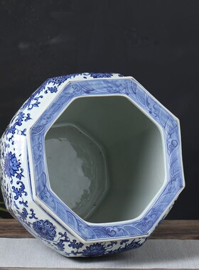 景德镇陶瓷书画缸卷轴字画收收纳青花瓷仿古八角缠枝摆件花盆树盆