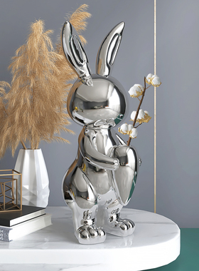 创意兔子捧花摆件客厅电视柜轻奢卧室软装家居装饰V品生日礼物女