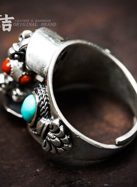 金刚杵!仓e吉手工戒指S925纯银男女个性开口戒镶嵌宝石送礼物