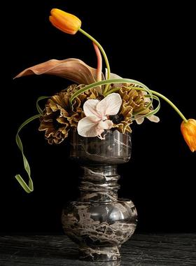 轻奢客厅壁龛上装饰摆件高端餐桌花器天然石材大理石花瓶插花艺术