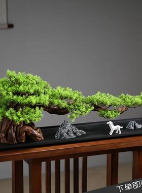 客厅实木仿真迎客松盆景摆件新中式玄关桌面装饰品样板间景观造景