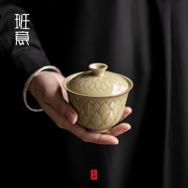 中式复古定窑剃花莲瓣纹盖碗 功夫茶具陶瓷泡茶碗 雕刻花纹主泡碗,淘宝优惠券,粉丝福利购,淘宝优惠卷