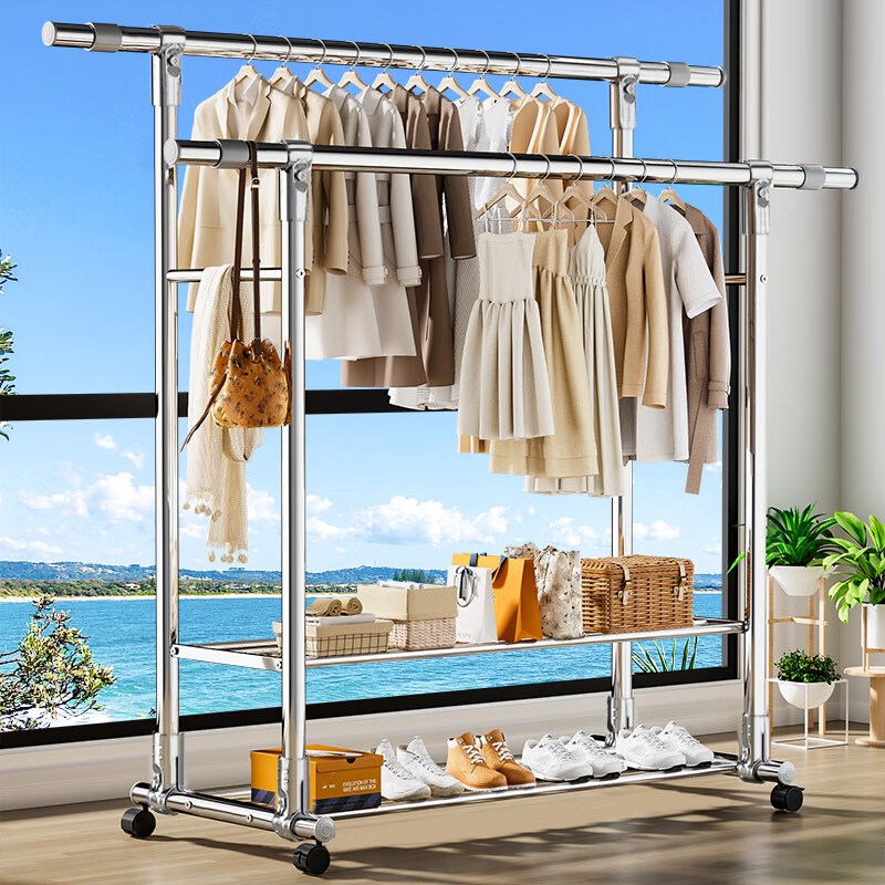 不锈钢晾衣架落地立式多功能可推动置物架阳台单Z双杆挂衣架 - 图2