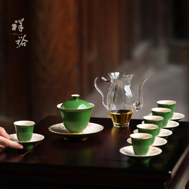 祥裕绿色三才h盖碗茶具高档功夫茶具陶瓷泡茶办公室个人专用送礼 - 图2