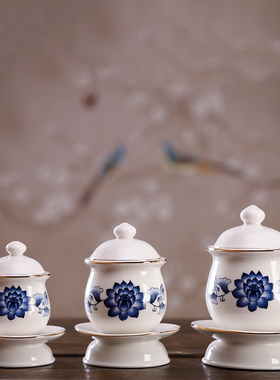 青花陶瓷莲花圣水杯供水r杯供佛杯大悲水佛台供杯家用观音净水杯