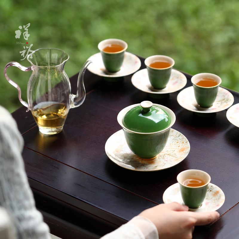 祥裕绿色三才h盖碗茶具高档功夫茶具陶瓷泡茶办公室个人专用送礼 - 图3