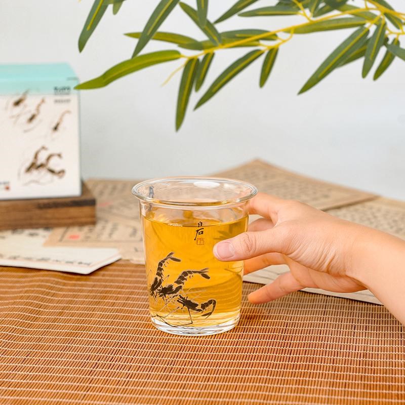 清华大学艺术g博物馆萌生展齐白石画作六虾图玻璃杯办公室喝水杯