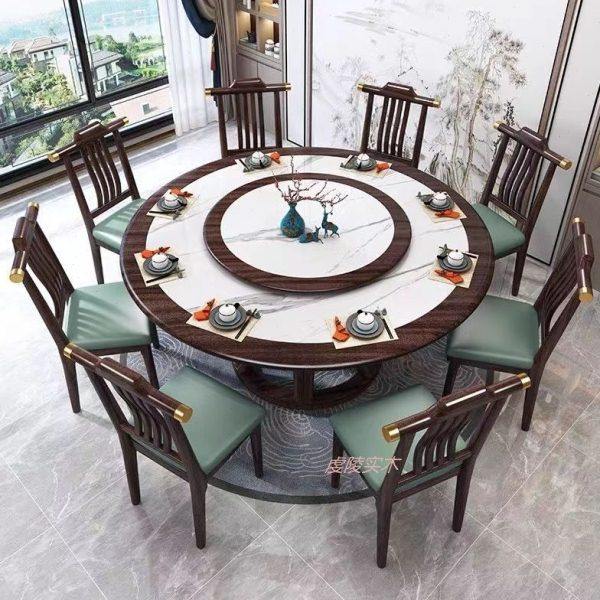 新中式乌金色实木岩板餐桌椅组合大理石圆桌酒店家用火锅桌带转盘,淘宝优惠券,粉丝福利购,淘宝优惠卷