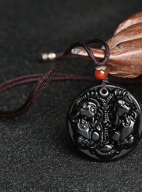 天然黑曜石平安扣貔貅吊坠霸王公母双貔I恘皮丘挂件挂坠项链男士