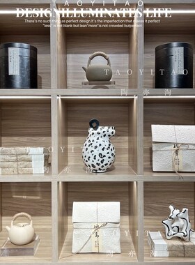 侘寂风新中式样板房售楼处书柜子A挑空柜内软装陈设摆件陶瓷茶叶