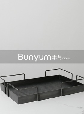 现代极简家居收纳置物盘摆件样板房间软装饰品酒店皮Y革金属托盘