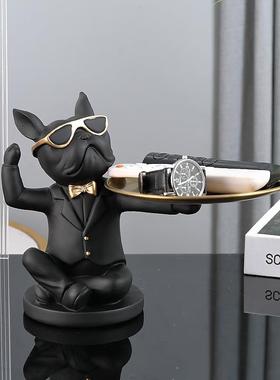 法斗犬摆件玄关柜放钥匙收纳托盘客厅进门轻奢家居吧台装饰品创意