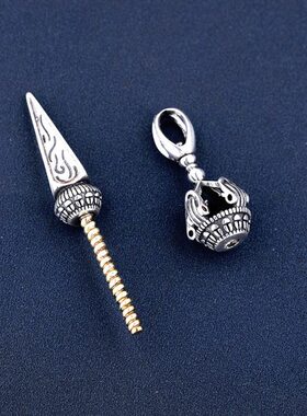 S925银吊坠空托金刚杵镶嵌绿松石南红蜜蜡桶珠圆珠降魔杵项坠银托