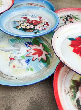 搪瓷茶盘子托盘怀旧民俗老物件老旧盘子平盘复古摆件影视道具