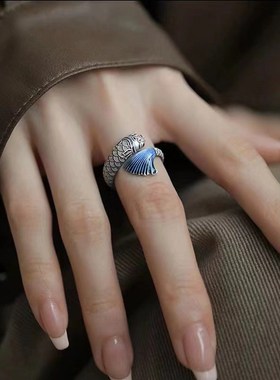 S925银个性复古锦o鲤戒指男女民族风泰银开口可调节创意食指指环