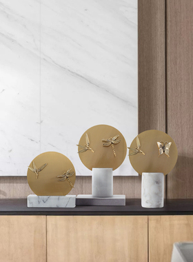 新中式禅意金属大理石软装饰品酒店过道进L门厅玄关柜圆形屏风摆