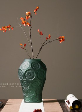 禅意新中式复古墨绿花瓶插花高级C感客厅电视柜台面摆件茶室装饰