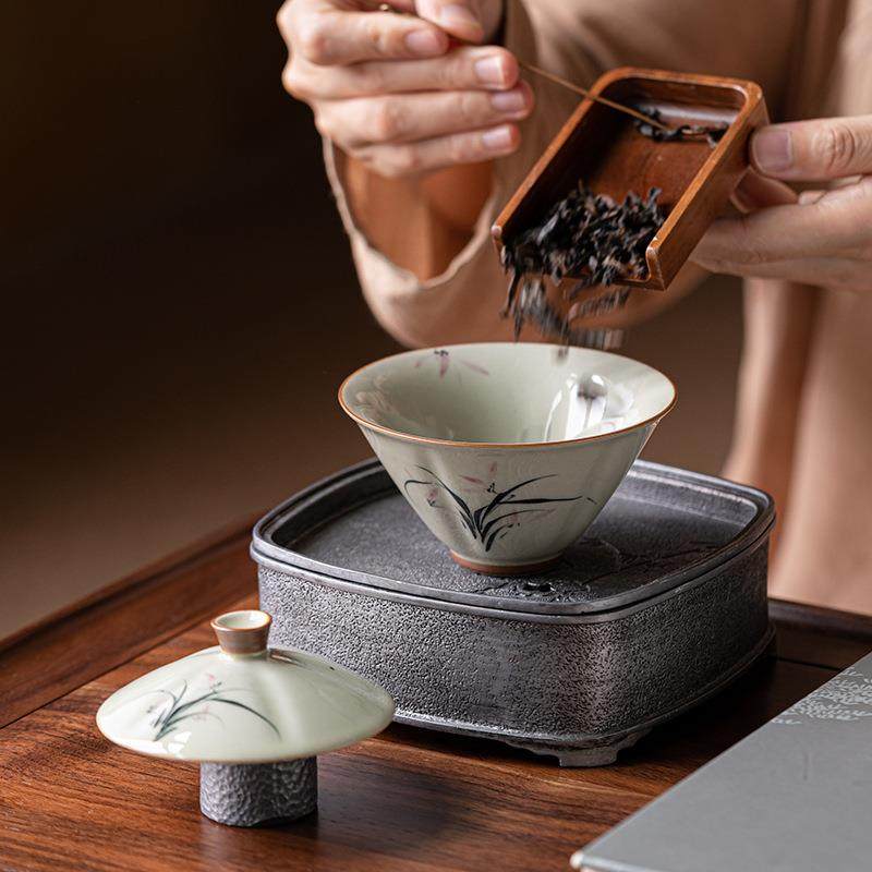 草木灰手绘竹子功夫二才盖碗复古陶瓷茶具家用单个不烫手泡茶碗,淘宝优惠券,粉丝福利购,淘宝优惠卷