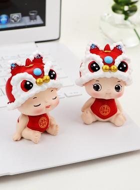 虎狮崽崽头摇摆件汽车车载车内装饰品虎年吉祥物桌面装饰蛋糕摆件