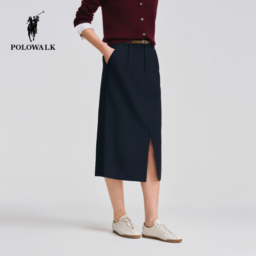 POLOWALK女士半裙2026秋季裤新款经典直筒编织腰带中长通勤半身裙 - 图1