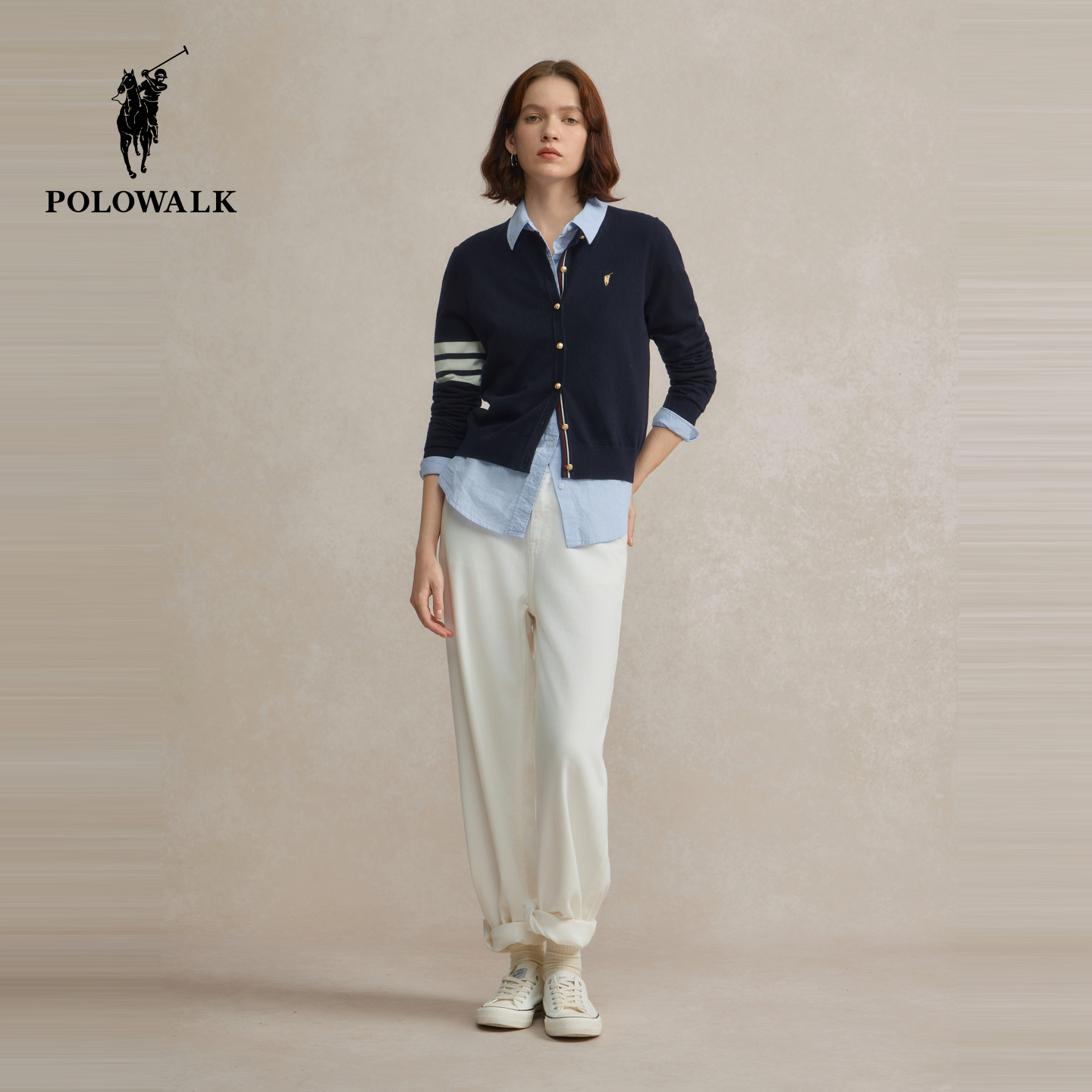 POLOWALK女装2025秋冬新款女士长袖针织衫时尚TB风针织开衫上衣 - 图3