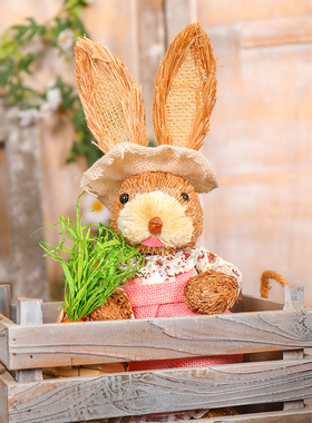 草编兔子户外花园庭院摆件幼儿园环创可I爱卡通小动物落地萌兔装
