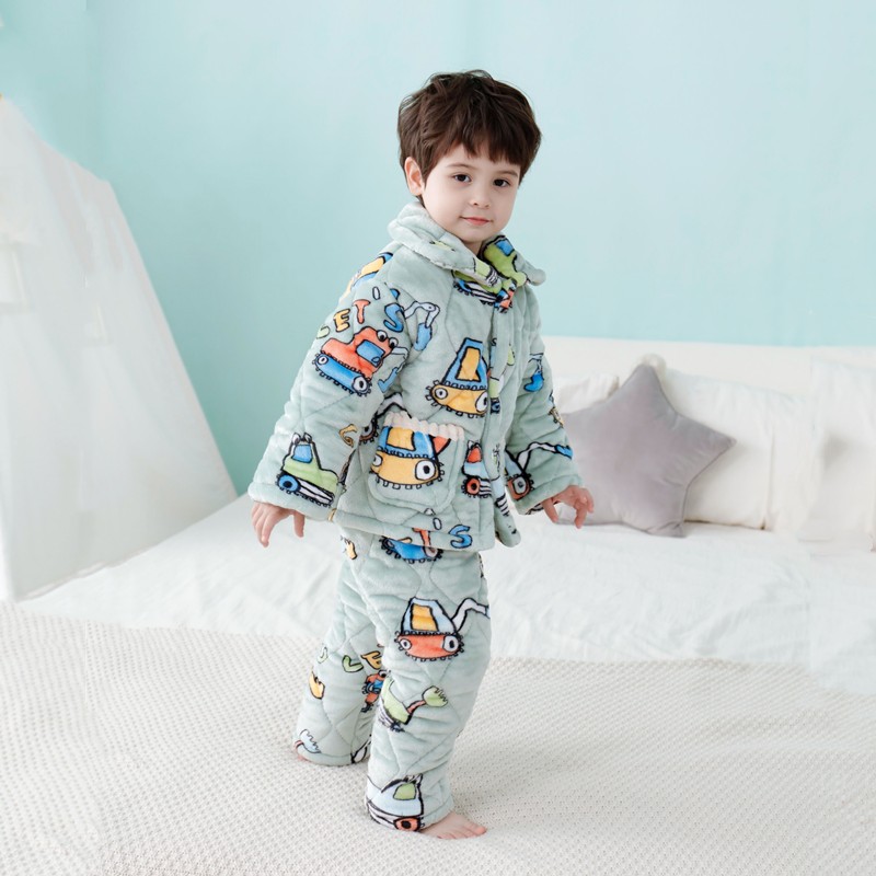 儿童睡衣冬季加厚款男童女t童三层加绒夹棉法兰绒家居服珊瑚绒宝 - 图0