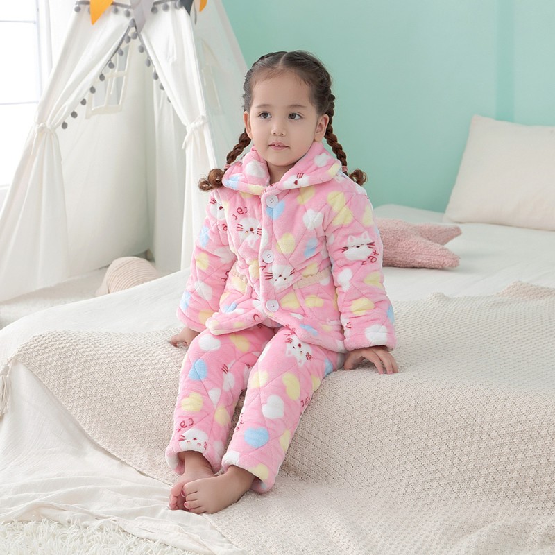 儿童睡衣冬季加厚款男童女t童三层加绒夹棉法兰绒家居服珊瑚绒宝 - 图2