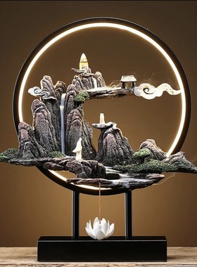 禅意中式假山摆件倒流香炉高山流水香J薰炉玄关办公Z室檀香摆件