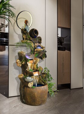 中式流水根雕假山喷泉沙弥室内客厅装饰流水生财观赏X鱼缸落地摆