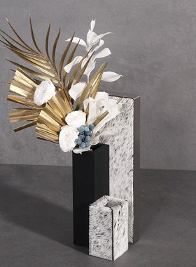 简约现代皮革金属花器摆件样板间售楼处J酒店客厅别墅香薰装饰摆