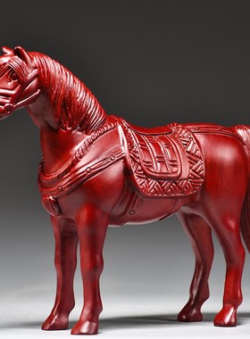 红色木雕马到成功摆件红木雕刻唐马家居客厅办公装饰X工艺品送礼