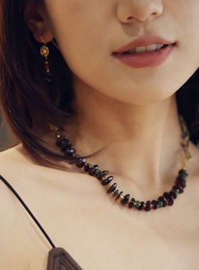 屿棠天然石榴石加玉金工手作黄铜链条设计师Q项链中国风百搭首饰