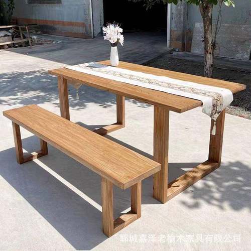 老榆木茶桌复古实木书桌家用长方形长条餐桌原木吧台桌面板电脑桌 - 图2