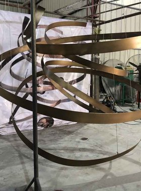 现代酒店样板房大厅金属艺术仿铜色飘带不锈钢吊R装饰圆椎雕塑摆