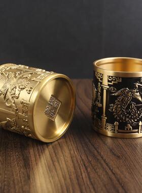 黄铜百福笔筒摆件创意装饰桌面龙凤呈祥笔筒雕刻纯铜器金属工艺品