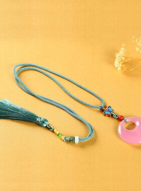 天然玛瑙粉红色平安扣吊坠玉髓挂件玉石石头毛衣链女项链饰品