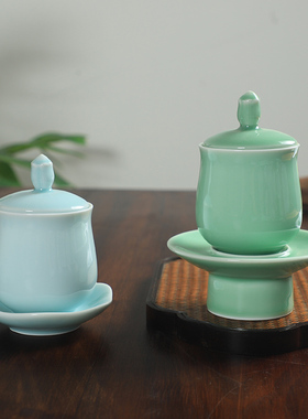 龙泉青瓷圣水杯佛前供杯陶瓷w莲花供佛杯观音水杯供奉佛具用品摆