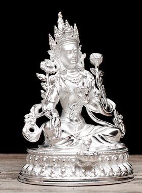 《绿度母》铜像摆件3寸99银雕花随身佛西藏家居小铜像摆件