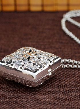 香囊大款项坠S925银镂空梅花方形可打开嘎乌P盒男女复古方盒吊坠